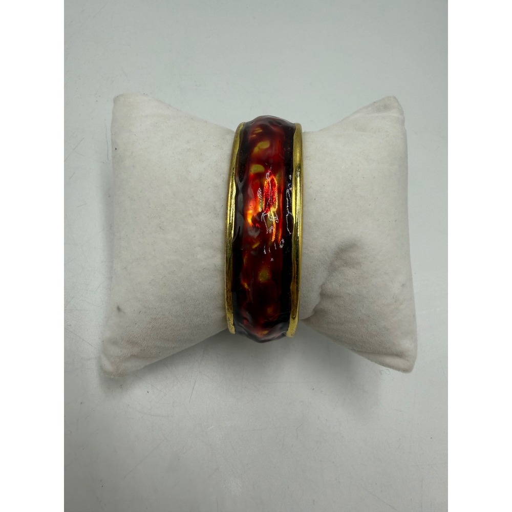 Vintage Tortoise‎ Shell Enamel Hinged Bangle Bracelet Gold Tone Chunky Statement